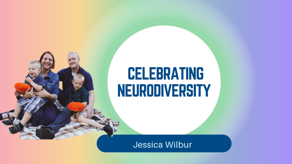 Jessica Wilbur and her family are featured in a heartwarming image celebrating neurodiversity during Autism Acceptance Month. The image showcases Jessica with her two young children and husband, all smiling and holding orange pumpkins, sitting together on a blanket. The vibrant, pastel-colored background emphasizes the positive message of acceptance, with ABS Kids proudly supporting the celebration of neurodiversity and inclusion.