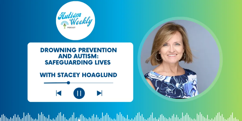 Podcast episode graphic titled 'Drowning Prevention and Autism: Safeguarding Lives' with Stacey Hoaglund as the guest. The image includes a photo of Stacey Hoaglund, a woman with short brown hair, wearing a blue floral top. The ABS Kids logo is in the top left corner and a waveform is displayed at the bottom.