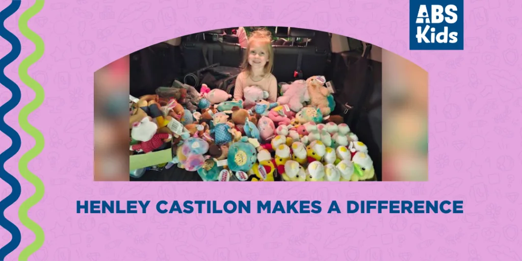ABS Kids proudly celebrates Henley Castilon for her inspiring effort to make a difference. In this photo, Henley is pictured surrounded by a large collection of stuffed animals she has gathered. Henley’s kind-hearted initiative demonstrates how small actions can have a big impact, and ABS Kids is excited to highlight her contributions to the community.