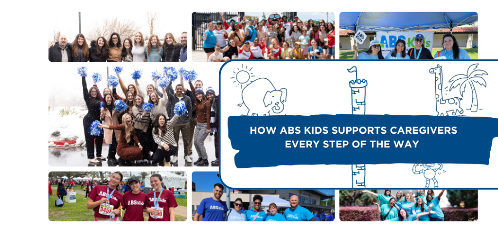 Collage of ABS Kids staff participating in various events such as cheerleading, running races, and community outreach. The images show groups of happy individuals wearing ABS Kids branded clothing, smiling, and having fun. In the center, the text reads 'How ABS Kids Supports Caregivers Every Step of the Way,' accompanied by playful illustrations of an elephant and giraffe, highlighting the supportive and inclusive nature of the organization.