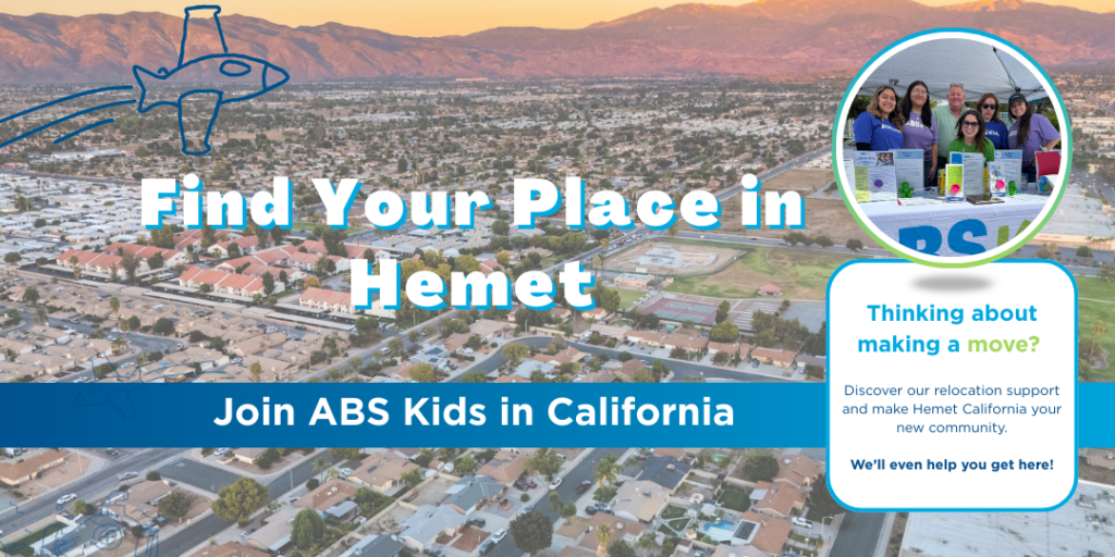 Image showcasing the city of Hemet, California, with the text 'Find Your Place in Hemet' and 'Join ABS Kids in California,' promoting career opportunities with ABS Kids in Hemet, including relocation support.