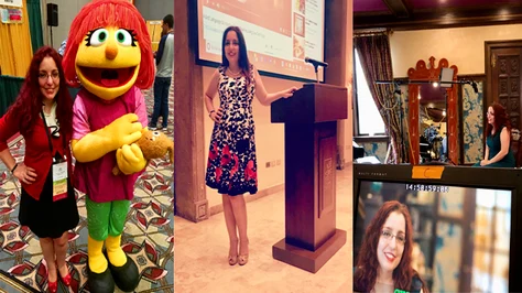 Amy Gravino, a prominent autism advocate, is featured in a series of photos showcasing her work. In one image, she stands next to the Sesame Street character Julia, a beloved autistic muppet. In another, Amy stands confidently at a podium at a speaking event, delivering valuable insights on autism. The final image shows Amy speaking to the camera during an interview, reflecting her active role in advocating for autism awareness. Her involvement with ABS Kids highlights the importance of inclusivity and representation in the autism community.